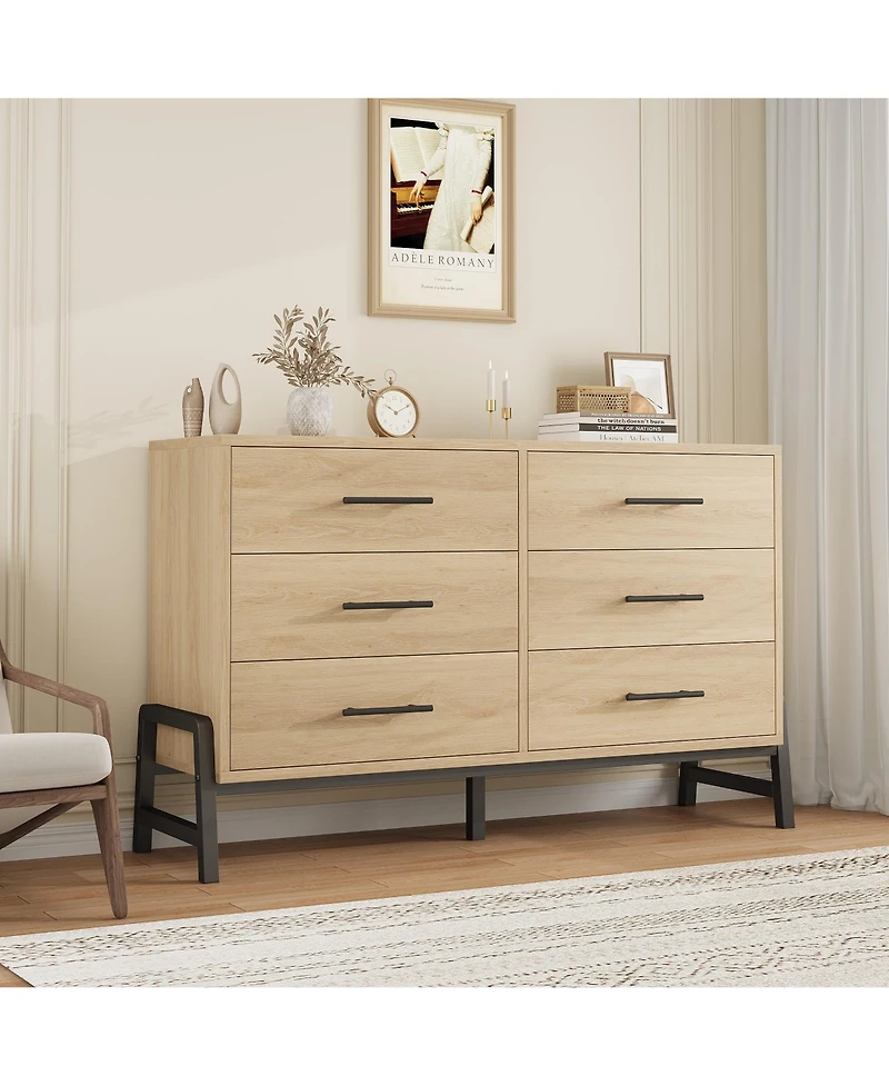 homfan 6 Dresser for Bedroom, 52" Wide Freestanding Wooden Closet Storage Chest Living Room, Entryway