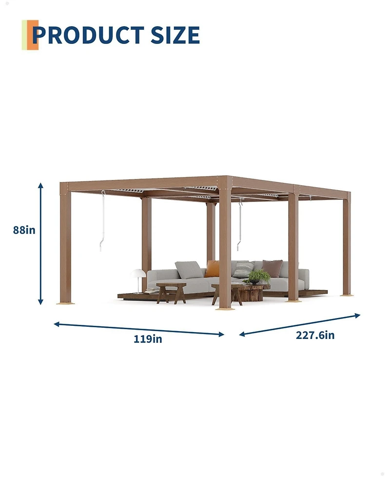 gaomon Adjustable Aluminum Louvered Pergola Reinforced Rustproof Frame Hardtop Gazebo with Integrated Drainage Wood Grain Finish All-Weather Outdoor