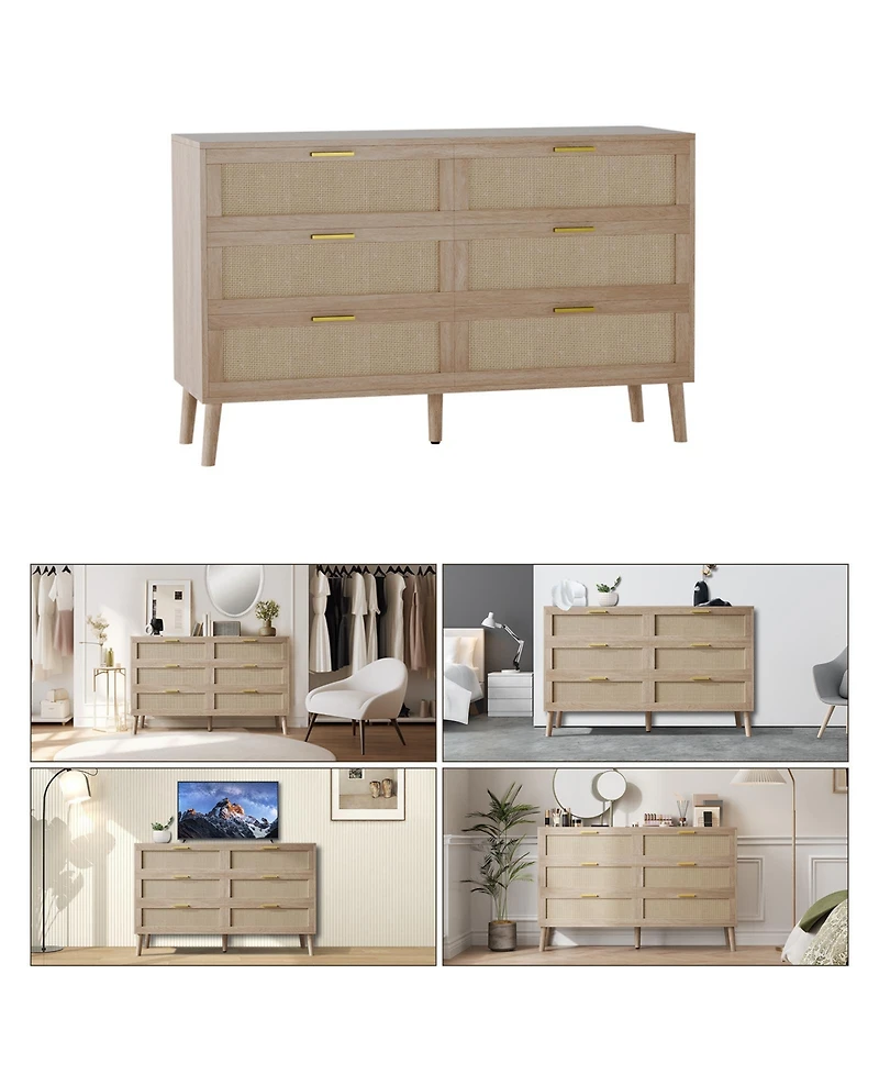 homfan 6 Drawer Dresser, 47 Inch Natural Rattan Chest of Drawer, Large Wooden Dresser with 5 Wood Legs, Farmhouse Dresser for Bedroom, Living Room