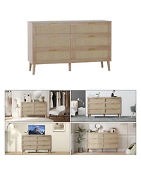 homfan 6 Drawer Dresser, 47 Inch Natural Rattan Chest of Drawer, Large Wooden Dresser with 5 Wood Legs, Farmhouse Dresser for Bedroom, Living Room