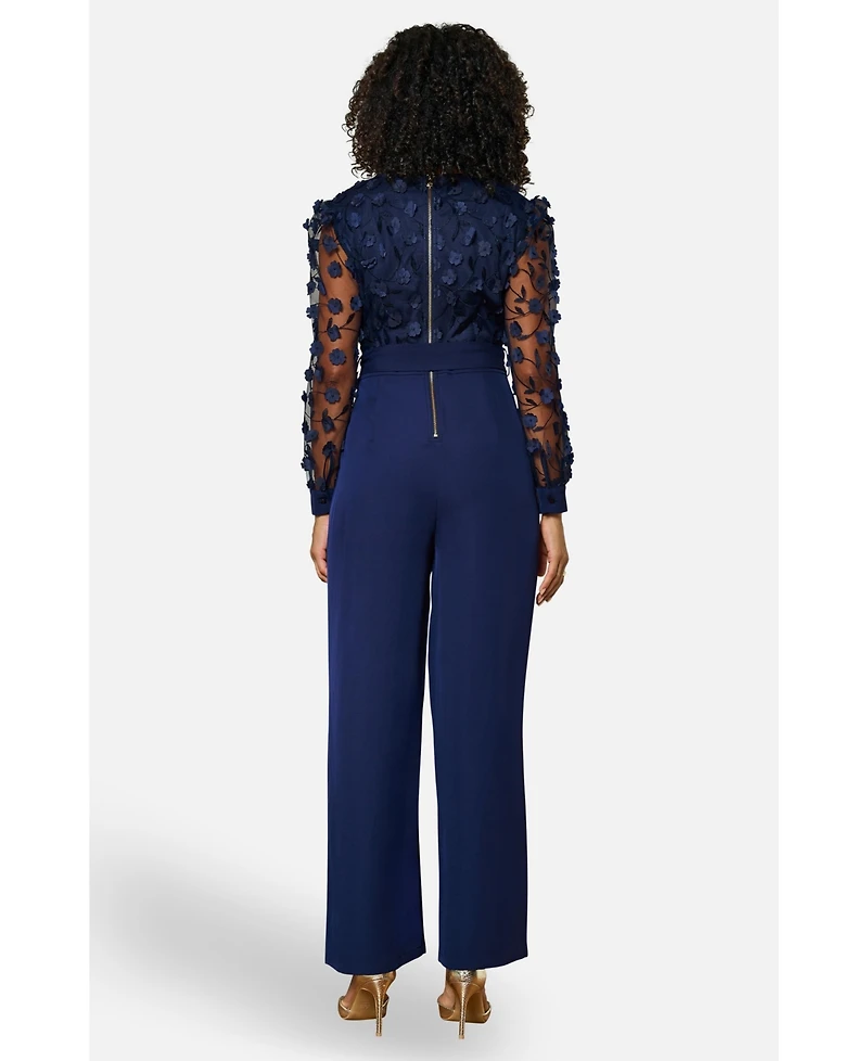 Yumi Women's Sash Waist Floral Applique Wrap Jumpsuit