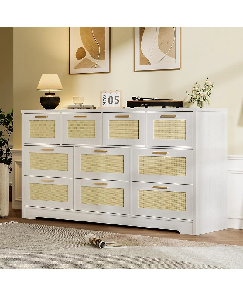 homfan 10 Drawers Dresser for Bedroom, Rattan Chest of with Spacious Tabletop and Handles, Closet Organizer Tv Stand Living Room