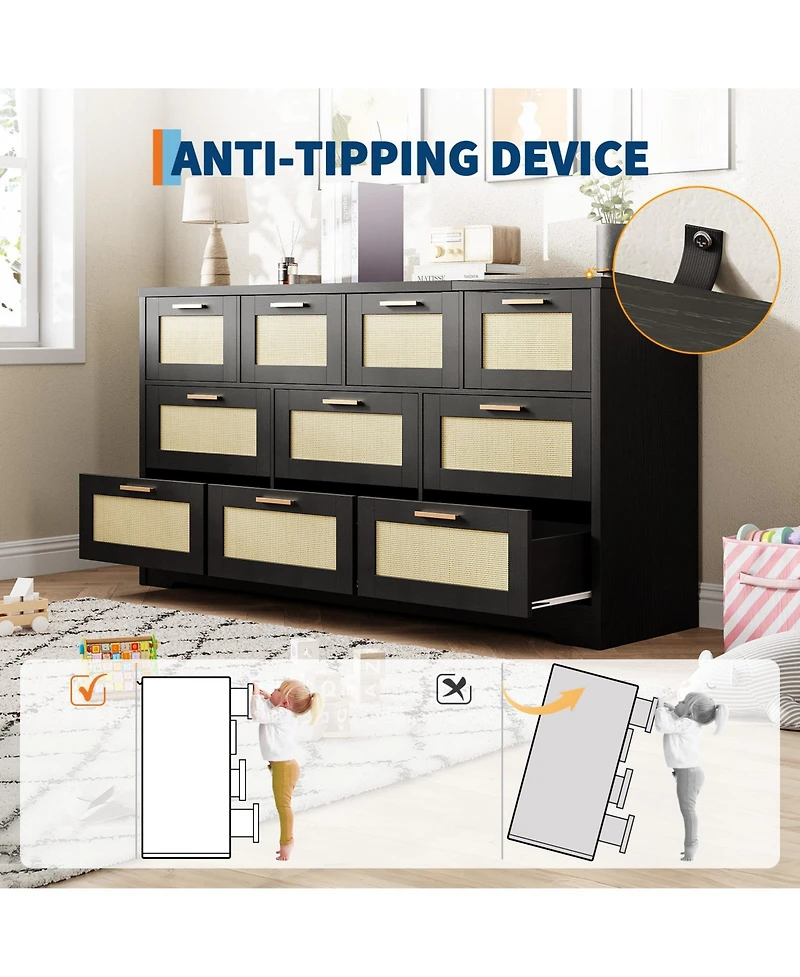homfan 10 Drawers Dresser for Bedroom, Rattan Chest of with Spacious Tabletop and Handles, Closet Organizer Tv Stand Living Room