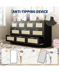 homfan 10 Drawers Dresser for Bedroom, Rattan Chest of with Spacious Tabletop and Handles, Closet Organizer Tv Stand Living Room