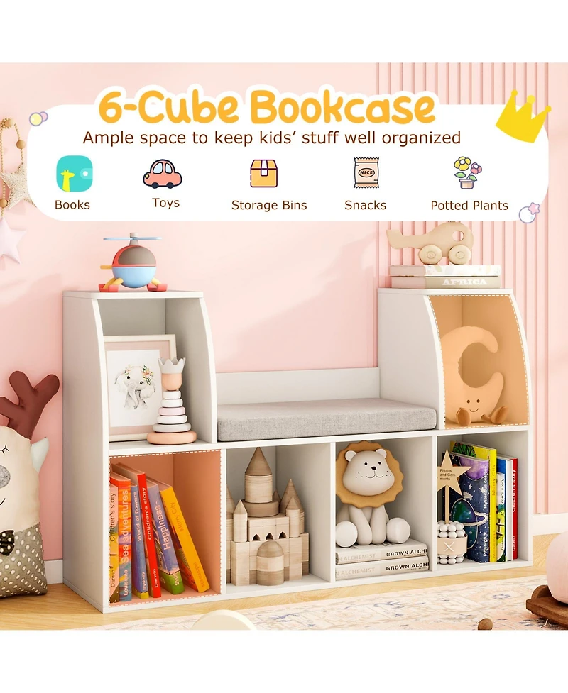 Gymax 40''Kids Bookshelf with Reading Nook 6 Storage Cubbies and Seat Cushion for Playroom