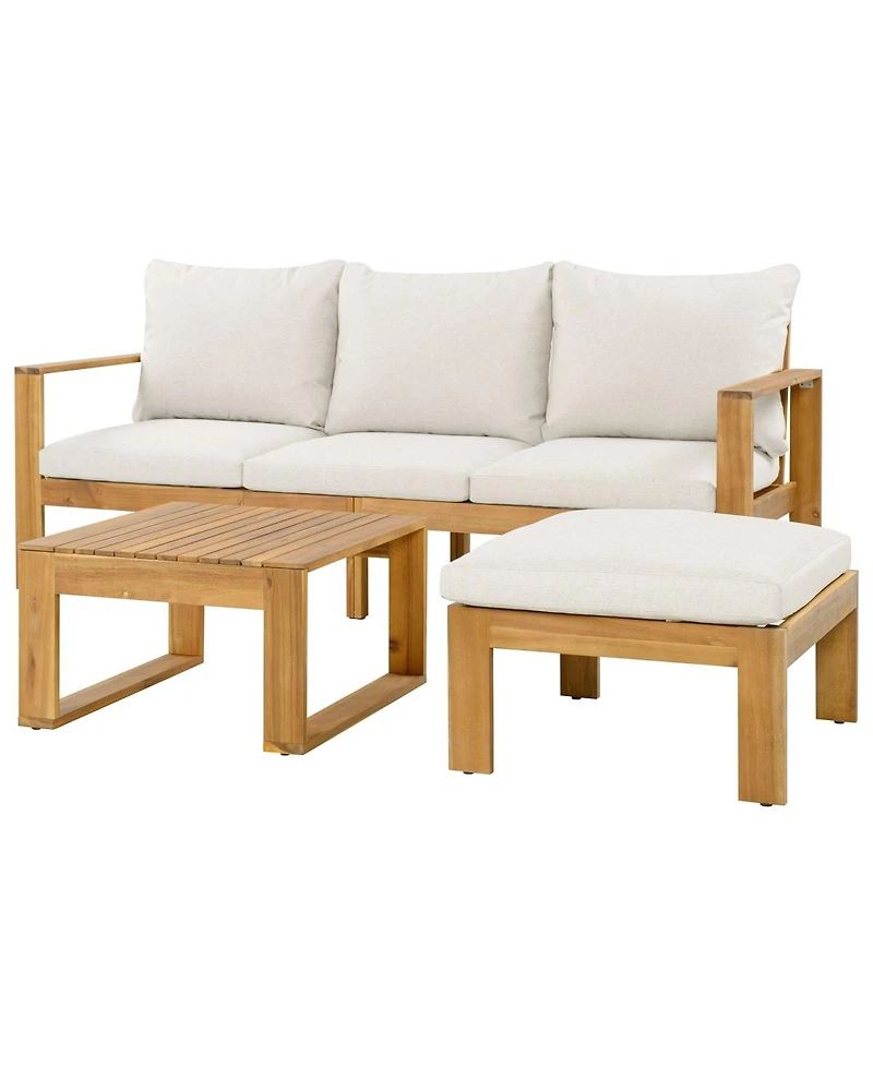 Asagikoiai 3-Piece Acacia Wood Outdoor Patio Sectional Sofa Set with Cushions and Ottoman