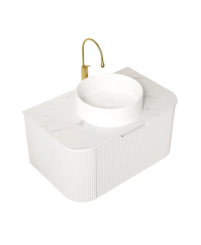 Sillysis Wall Mounted Bathroom Vanity with Sintered Stone Top, White Round Ceramic Sink, Striped Drawer