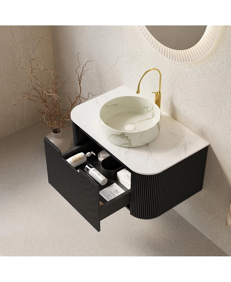 Sillysis Wall Mounted Bathroom Vanity with Carrara Sintered Stone Top, Round Ceramic Sink, Stripe Drawer