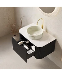 Sillysis Wall Mounted Bathroom Vanity with Carrara Sintered Stone Top, Round Ceramic Sink, Stripe Drawer
