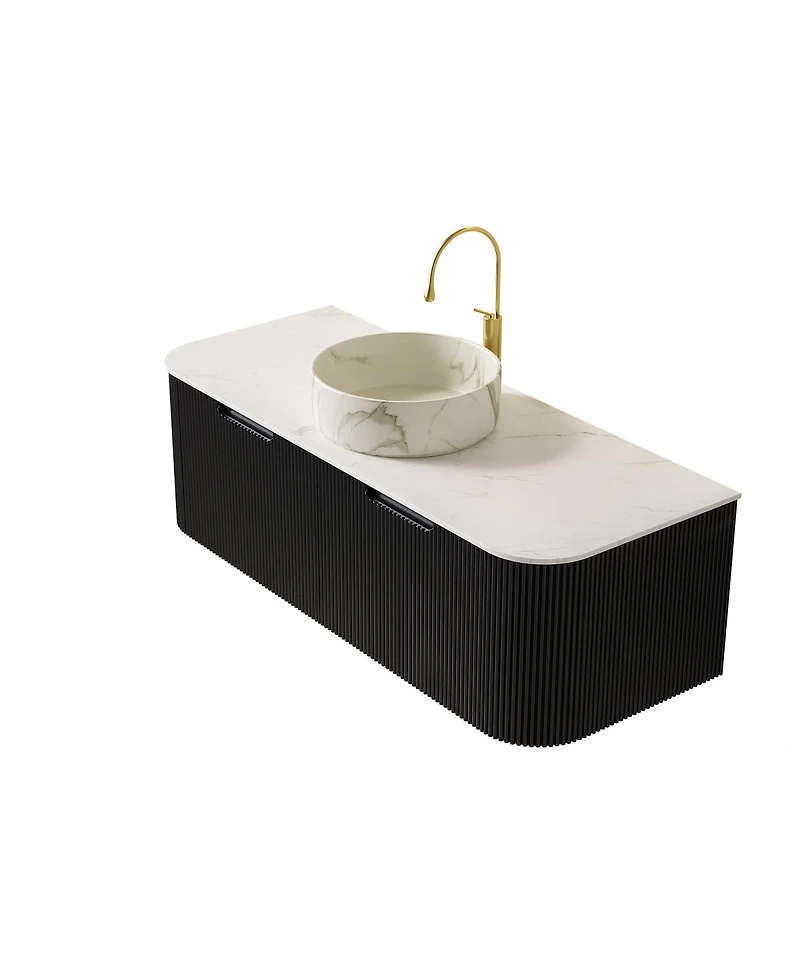 Sillysis Wall Mounted Bathroom Vanity with Carrara Sintered Stone Top, Round Ceramic Sink, Stripe Drawer, Pre-assembled