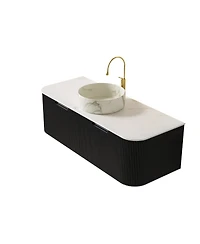 Sillysis Wall Mounted Bathroom Vanity with Carrara Sintered Stone Top, Round Ceramic Sink, Stripe Drawer, Pre-assembled