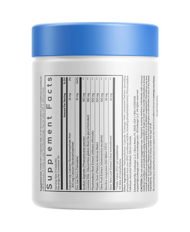 Codeage Acid Defense+, Marshmallow Root, Dgl Licorice, Aloe Vera, Probiotic, Mastic Gum, Zinc, 30 Capsules