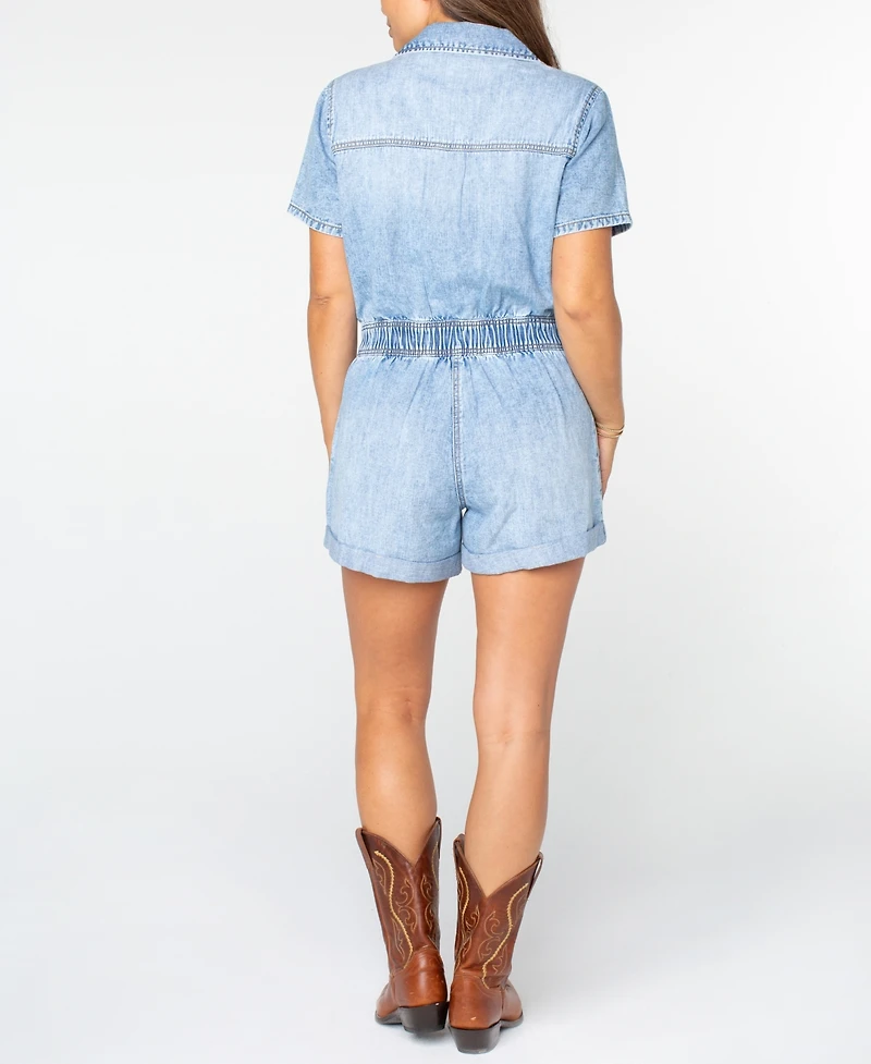 Celebrity Pink Juniors' Denim Short-Sleeve Romper