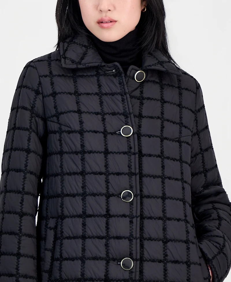 CeCe Women's Long Windowpane Quilted Coat