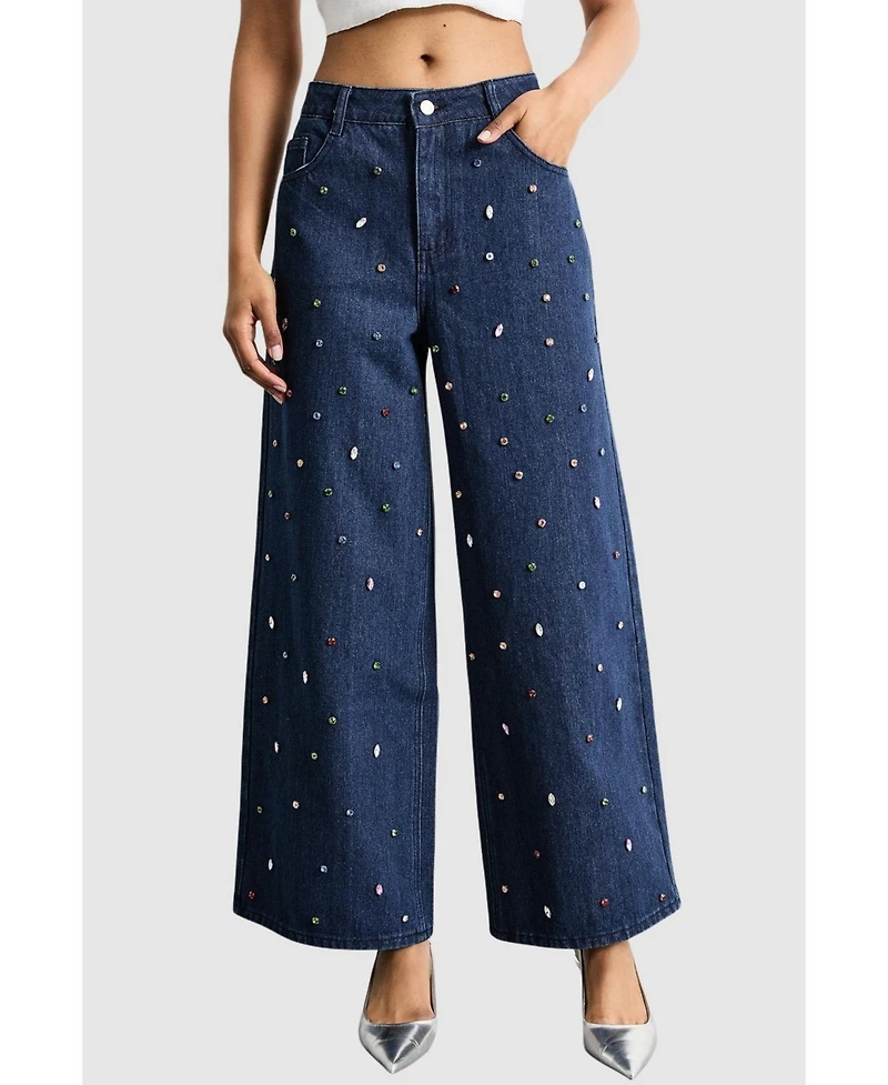 Warehouse Women's Hotfix Embellished Wide Leg Jean