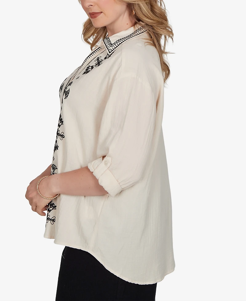 Ruby Rd. Plus Embroidered Gauze Button Front Top