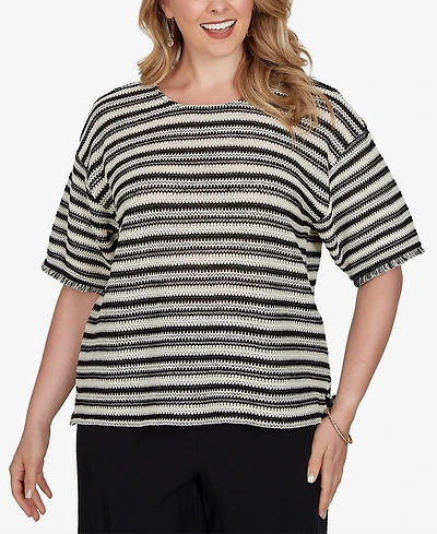 Ruby Rd. Plus Textured Stripe Fringe Sleeve T-Shirt