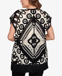Ruby Rd. Plus Size Medallion Crochet Fringe Sleeveless Cardigan