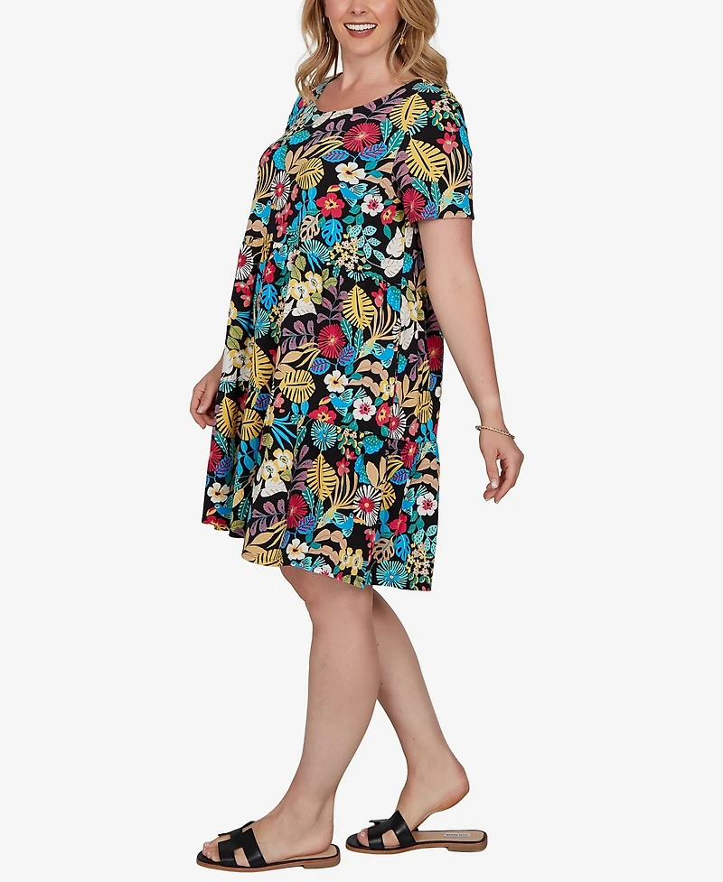 Ruby Rd. Plus Tropical Print Tiered Cotton Knit Pocket Dress