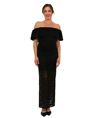 24seven Comfort Apparel Women's Lace Off-the-Shoulder Side- Slit Bodycon Maxi Dress
