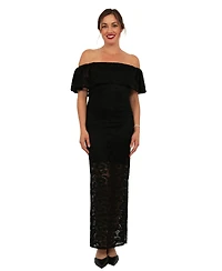 24seven Comfort Apparel Women's Lace Off-the-Shoulder Side- Slit Bodycon Maxi Dress