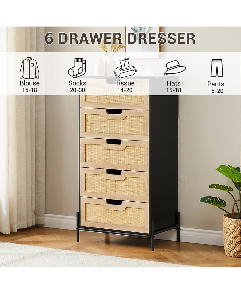 homfan Farmhouse 5-Drawer Rattan Dresser, Tall Storage Chest with Metal Legs and Wood Top for Multi-Room Use