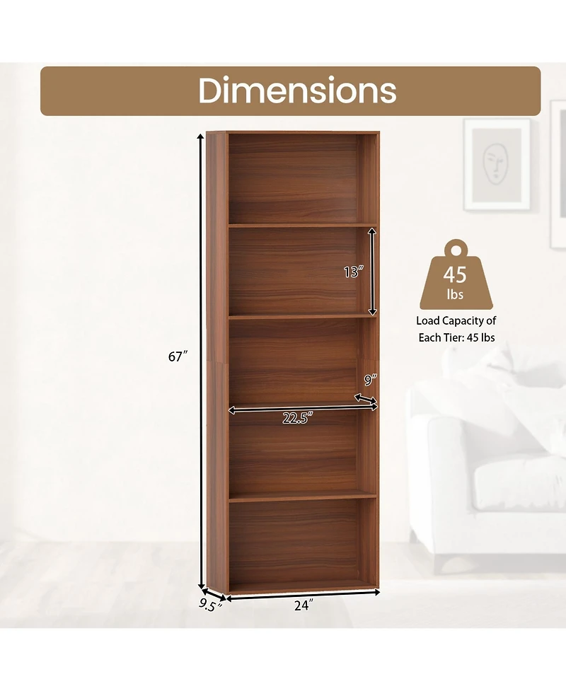 Gymax 5-Tier Freestanding Open Bookshelf w/2 Anti-tipping Devices for Living Room
