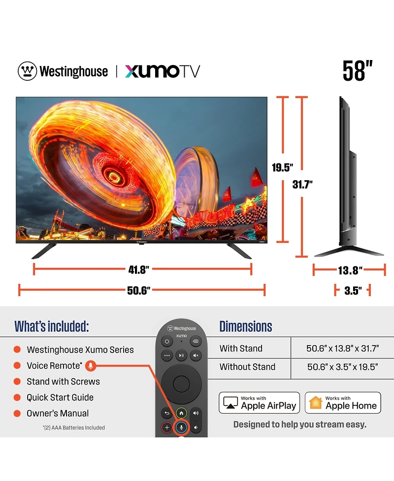 Westinghouse 58" 4K Uhd Smart Tv – Xumo Tv with HDR10, Dolby Vision/Atmos, Voice Remote, Bluetooth & Apple AirPlay