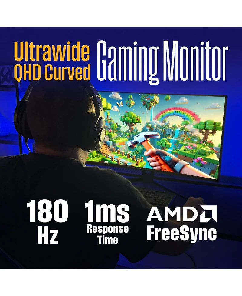 Westinghouse 34" Curved Ultrawide Gaming Monitor, 180Hz, Qhd 3440x1440, Amd FreeSync, 2xDP & 2xHDMI