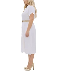 Ny Collection Plus Short Sleeve Button Front Belted A-Line Dress