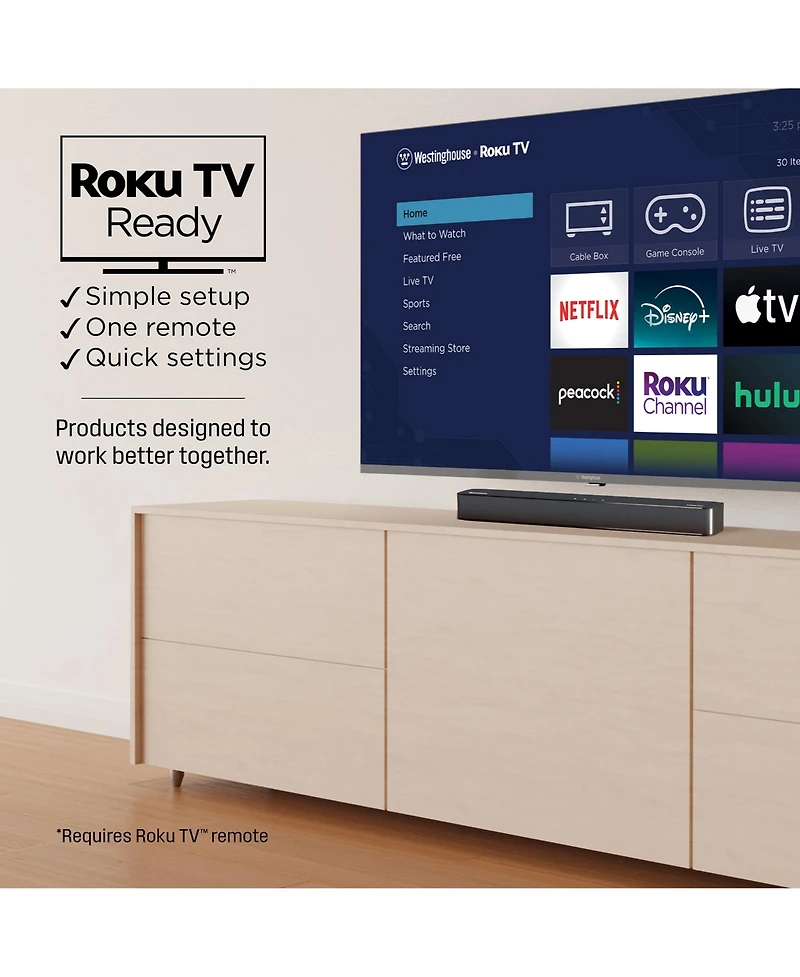 Westinghouse 2.0 Channel Mini Sound Bar with Dolby Atmos and Dolby Digital Plus, Bluetooth and with Roku Tv Ready