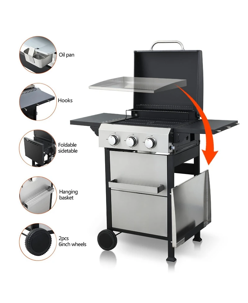 Asagikoiai 3-Burner Propane Gas Grill with Foldable Side Tables and Ss Plancha