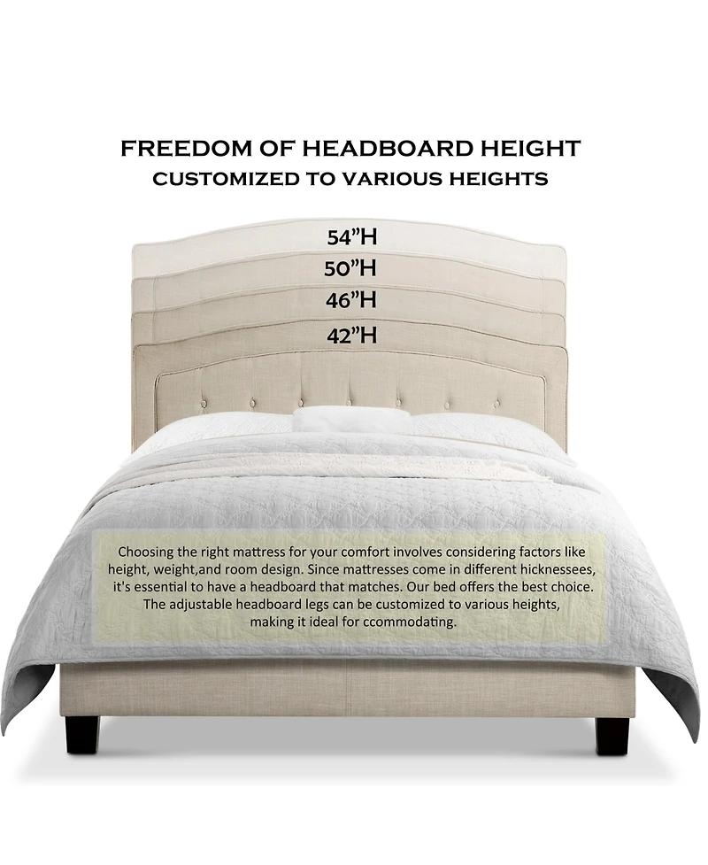 Boyel Living Upholstered Bed with Curved Button Tufted Headboard Modern Platform Frame Solid Wood Structure