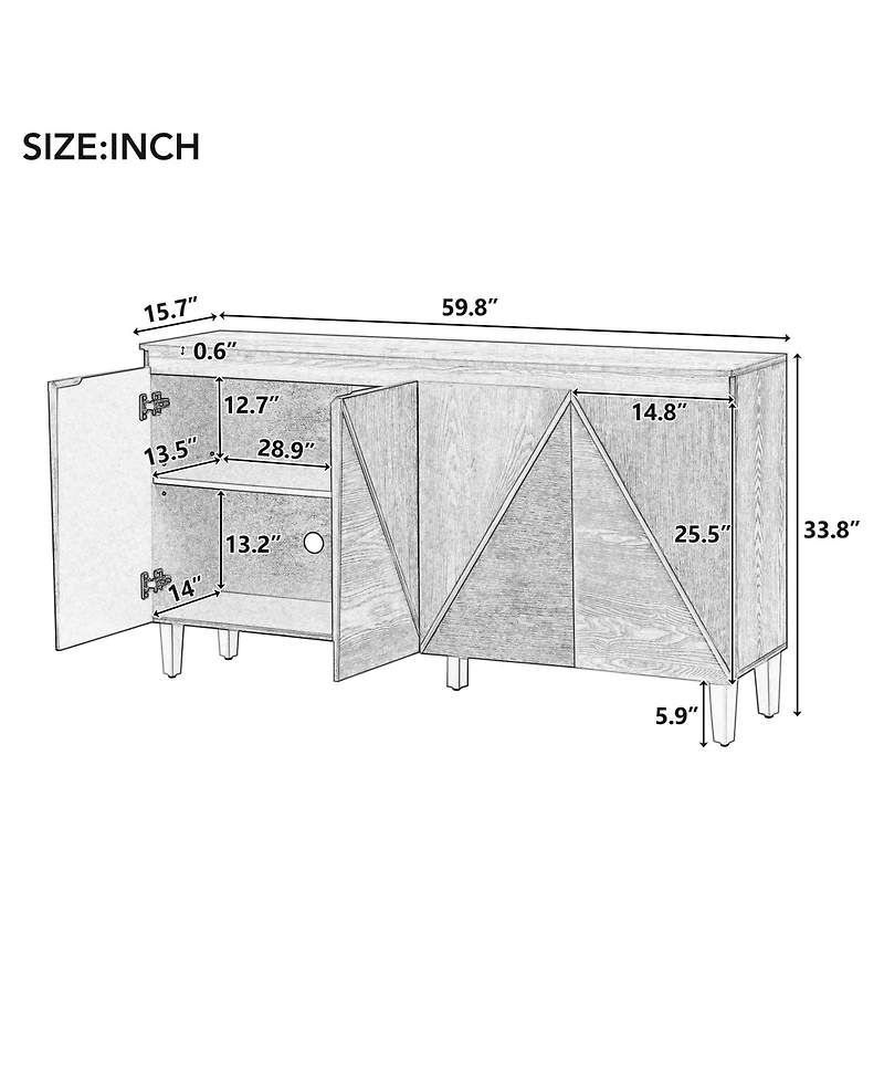 Rainsken 60 Retro Buffet Cabinet 4 Door Sideboard Cabinet with Dimensional Effect Doors and Adjustable Shelves for Kitchen Living Room