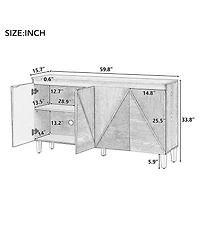 Rainsken 60 Retro Buffet Cabinet 4 Door Sideboard Cabinet with Dimensional Effect Doors and Adjustable Shelves for Kitchen Living Room