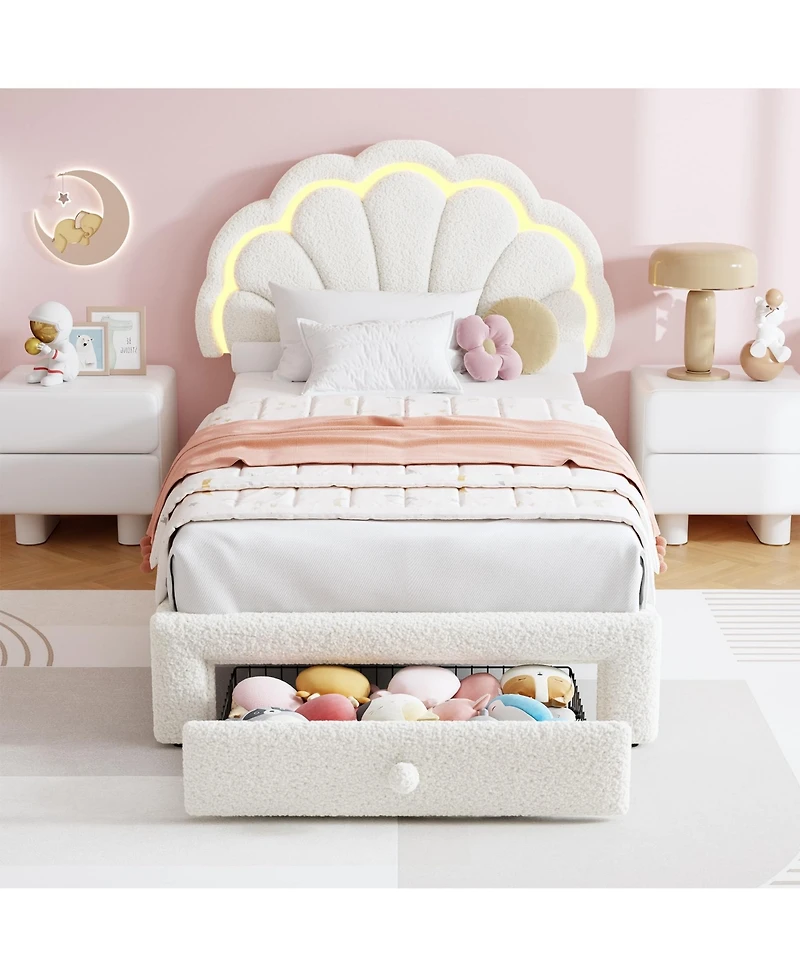 homfan Upholstered Platform Bed Frame with Led Petal Headboard and Storage Drawer, Kids Wood Slat Support