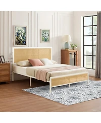 homfan Queen Size Bed Frame with Rattan Headboard, Modern Platform Bed, Heavy Duty Bed Frame With Metal Slat Support