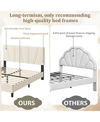 homfan Linen Upholstered Platform Bed Frame with 3-Level Adjustable Headboard, Wood Slat Support, Quiet Design