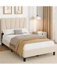 homfan Linen Upholstered Platform Bed Frame with 3-Level Adjustable Headboard, Wood Slat Support, Quiet Design