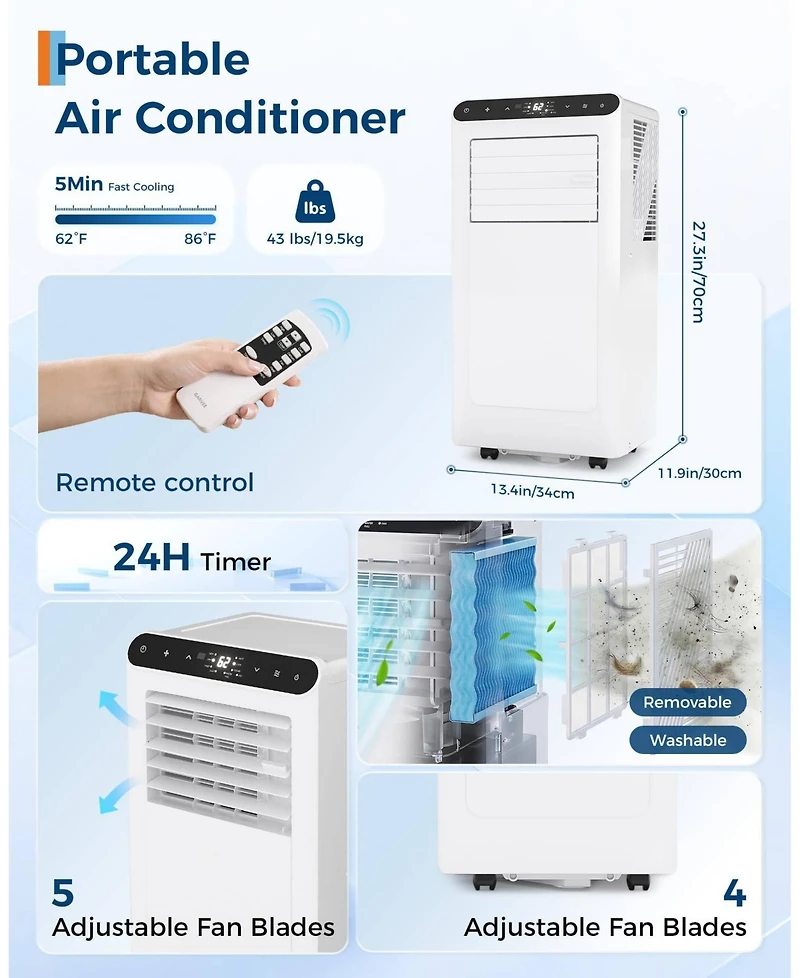 Xo 8,000 Btu Portable 3-in-1 Air Conditioner with Remote, Timer and Window Kit