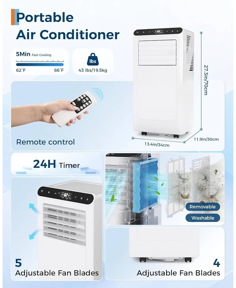 Xo 2-Piece Set of 8,000 Btu Portable Air Conditioners with 4-in-1 Cooling, Dehumidifier, Fan and Sleep Modes, Quiet 48 dB