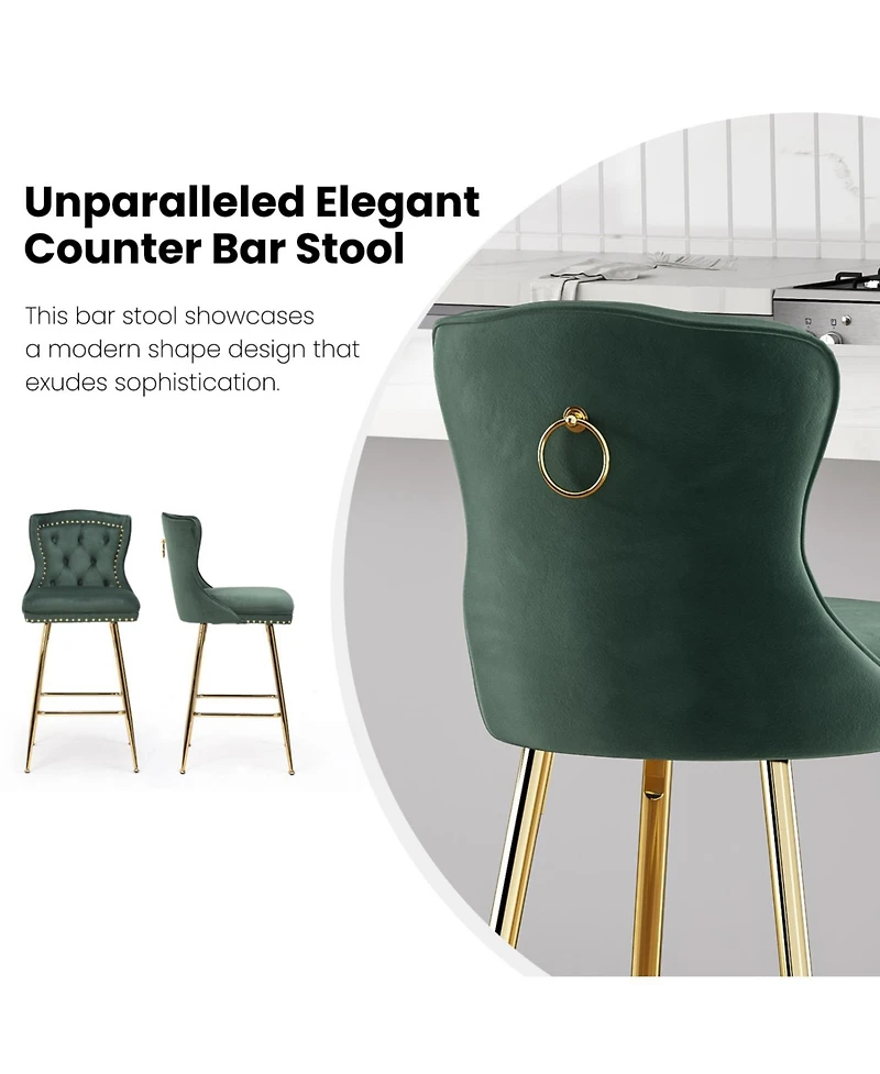 Rainsken Bar Stools Set of 2, Velvet Counter, Button Tufted and Nailheads Trim, with Metal Legs, for Kitchen Island Dining Room Pub