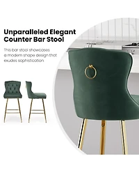 Rainsken Bar Stools Set of 2, Velvet Counter, Button Tufted and Nailheads Trim, with Metal Legs, for Kitchen Island Dining Room Pub