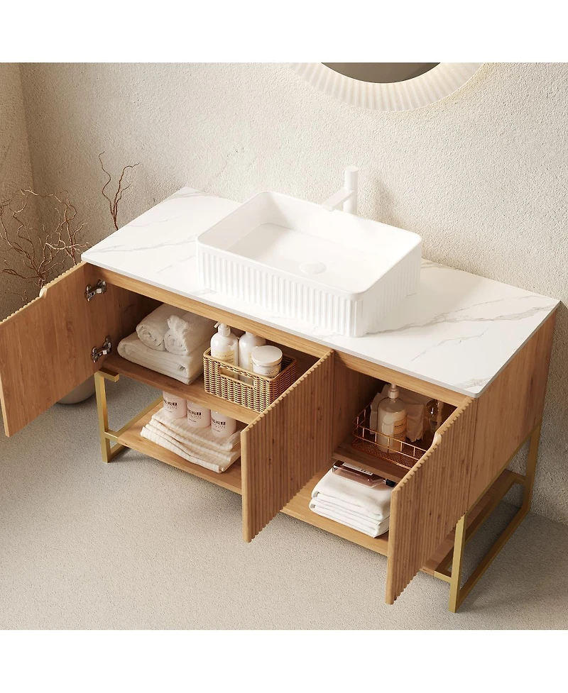 Sillysis 47.6 Inch Bathroom Vanity with Ceramic Basin, Carrara Sintered Stone Countertop, 3 Door Storage Cabinet and Open Shelf