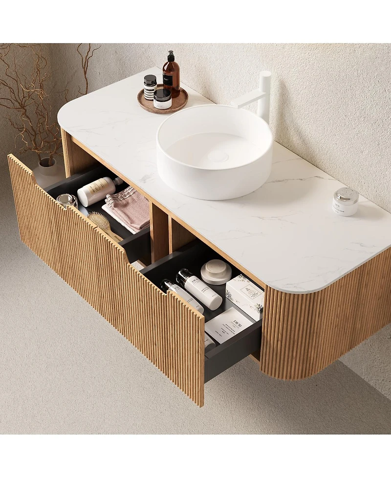Sillysis Wall Mounted Bathroom Vanity with Sintered Stone Top, Ceramic Vessel Sink, 3D Wood Grain Drawer, Pre-assembled