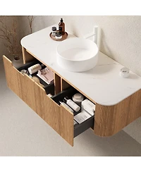 Sillysis Wall Mounted Bathroom Vanity with Sintered Stone Top, Ceramic Vessel Sink, 3D Wood Grain Drawer, Pre-assembled