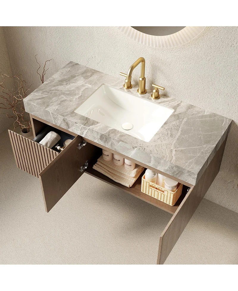 Sillysis Inches Wall Mount Bathroom Vanity with Sintered Stone Top, Ceramic Undermount Sink, Soft Close Storage Cabinet