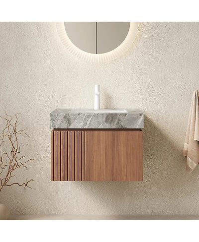 Sillysis Wall Mounted Bathroom Vanity, Luxury Sintered Stone Countertop, Undermount Ceramic Sink, Soft Close Storage Cabinet