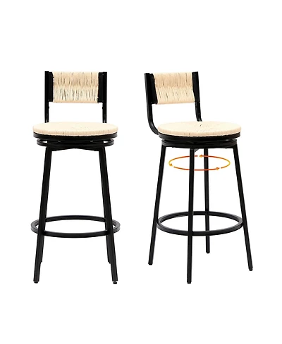 Flynama Set of 2 Hand Woven Paper Rope Metal Frame Swivel Bar Stools