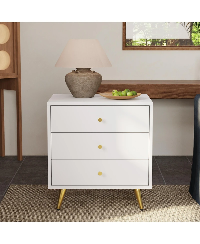 Homsee Modern 3-Drawer Nightstand - White & Gold Bedroom Cabinet | 19.7"x15.7"x20.9" | Bedside Table Organizer